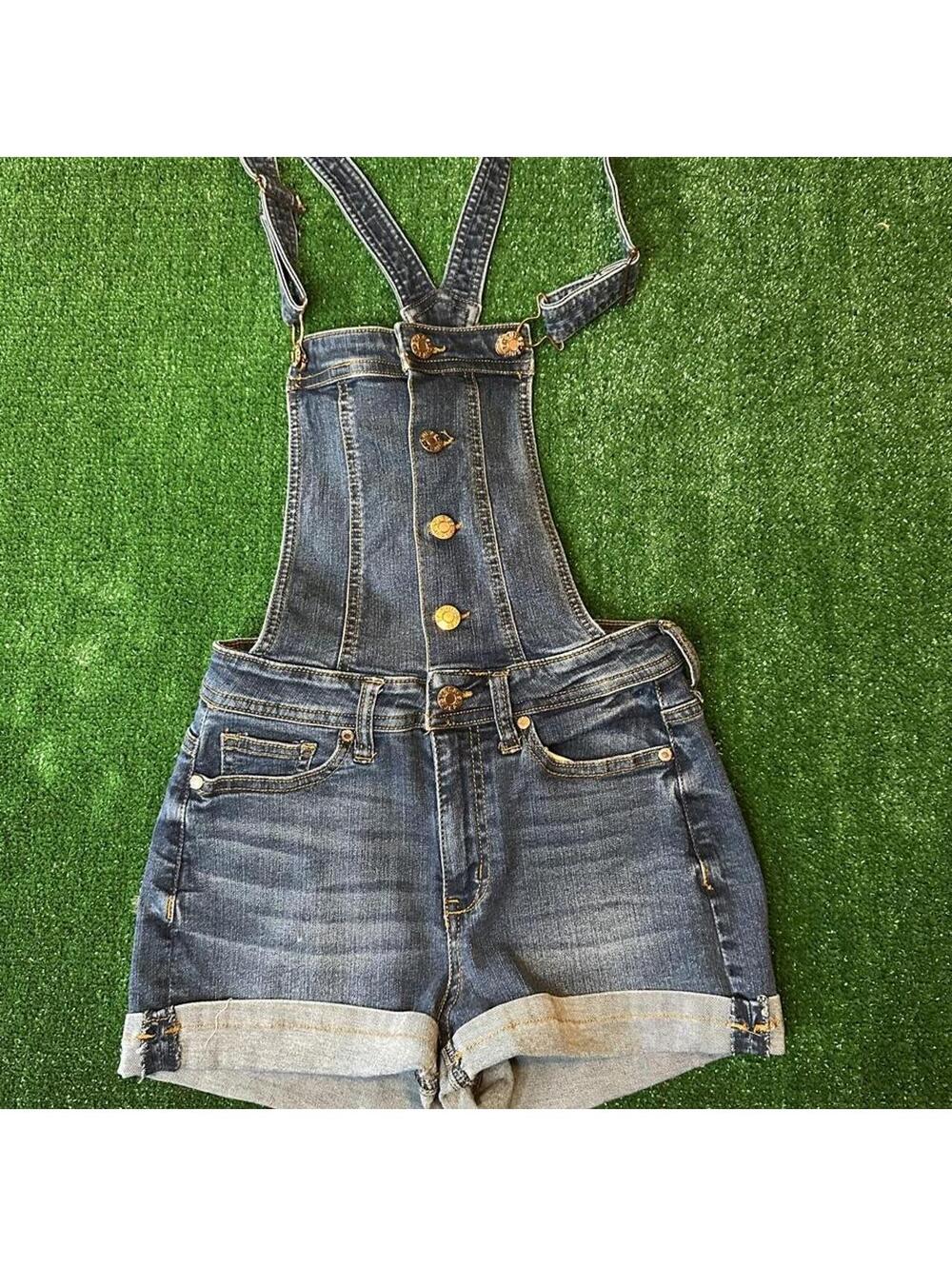 Guess Dark wash Denim overalls indigo blue with bronze emblems/buttons